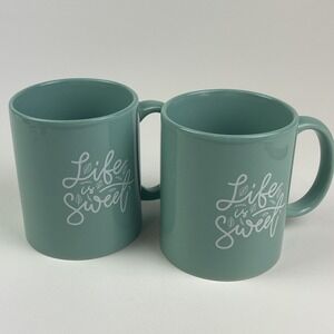 Set Of 2 Modern Gourmet Foods Life Is Sweet Stoneware Coffee Mug Tea Cup Blue
